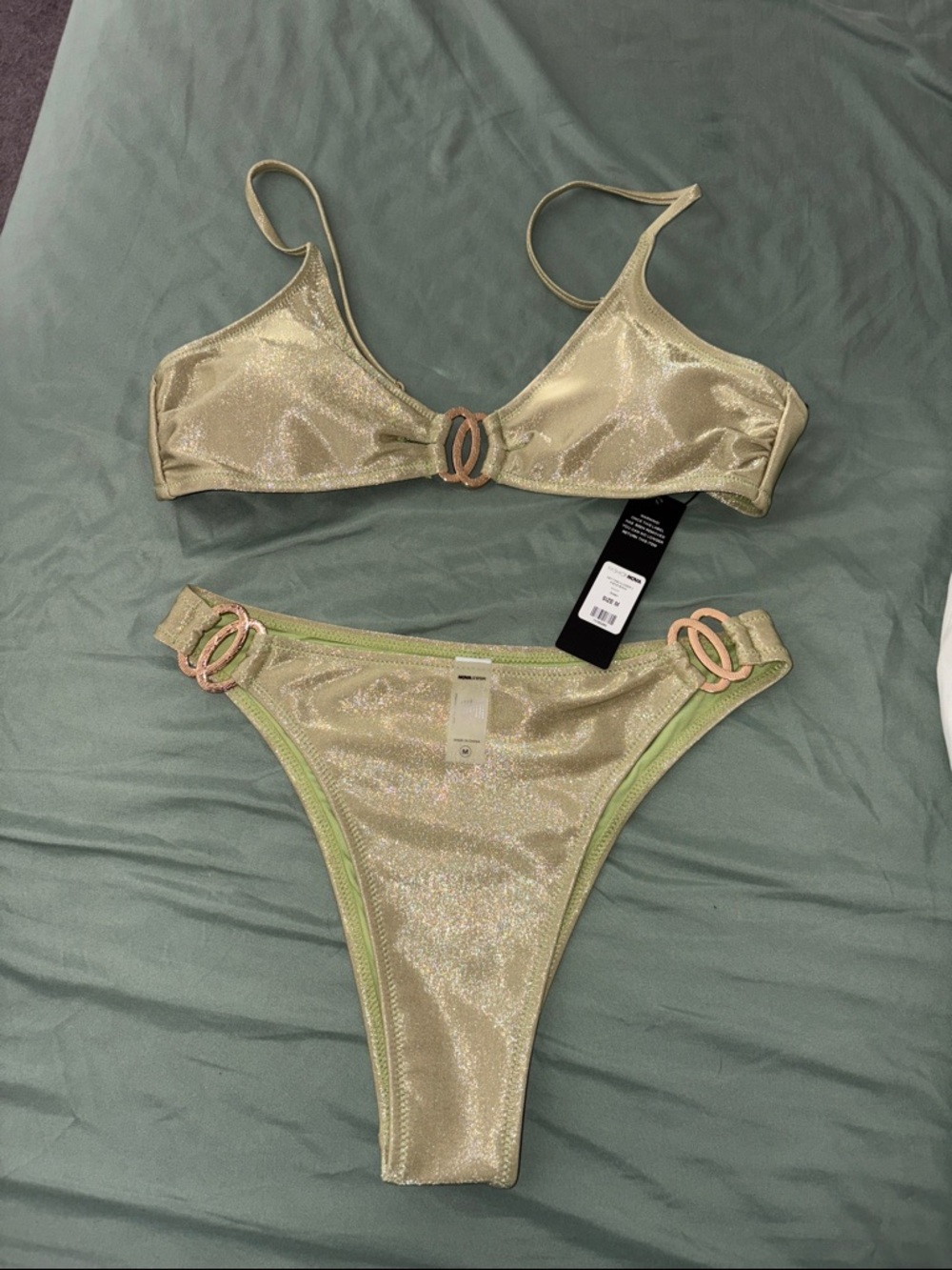 Fashion Nova Gold Shimmer Bikini Set with Pink Rings